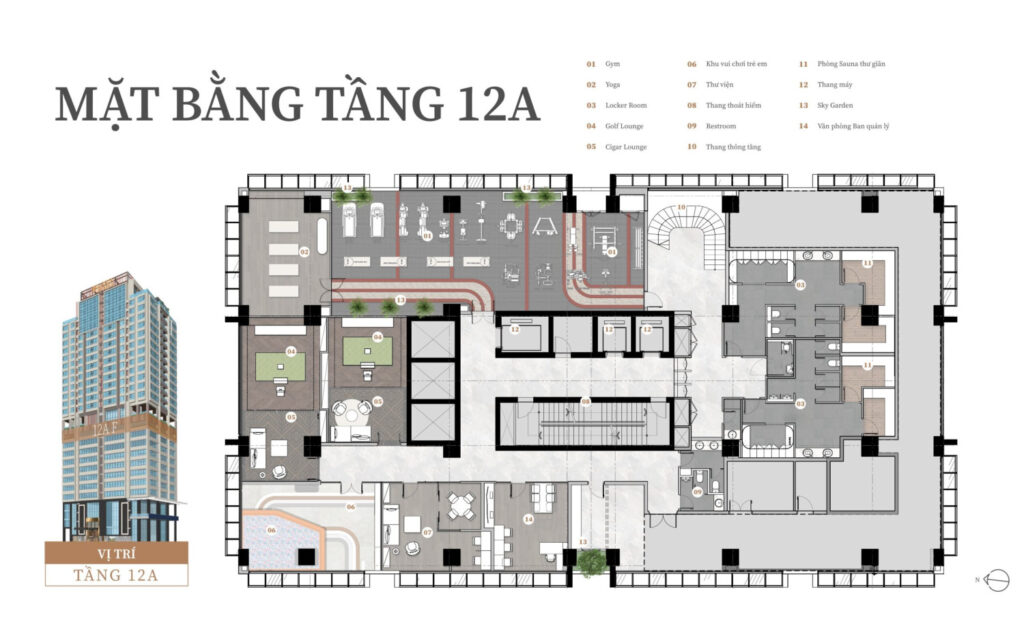 Mặt bằng tầng 12A tiện ích Kiều By Kita: gym, yoga, sauna, thư viện, cigar lounge