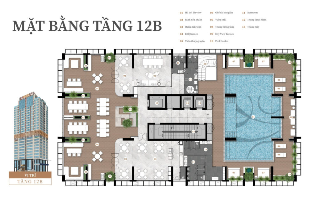 Mặt bằng tầng 12B tiện ích Kiều By Kita: hồ bơi Skyview, Stella Ballroom, BBQ Garden