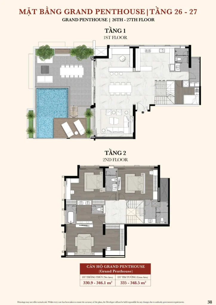 Mặt bằng căn Grand Penthouse Kiều By Kita tầng 26-27 có hồ bơi riêng