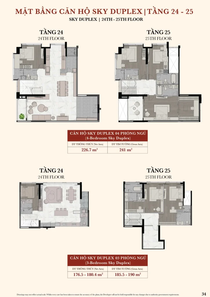 Mặt bằng căn Sky Duplex 3 phòng ngủ và 4 phòng ngủ Kiều By Kita